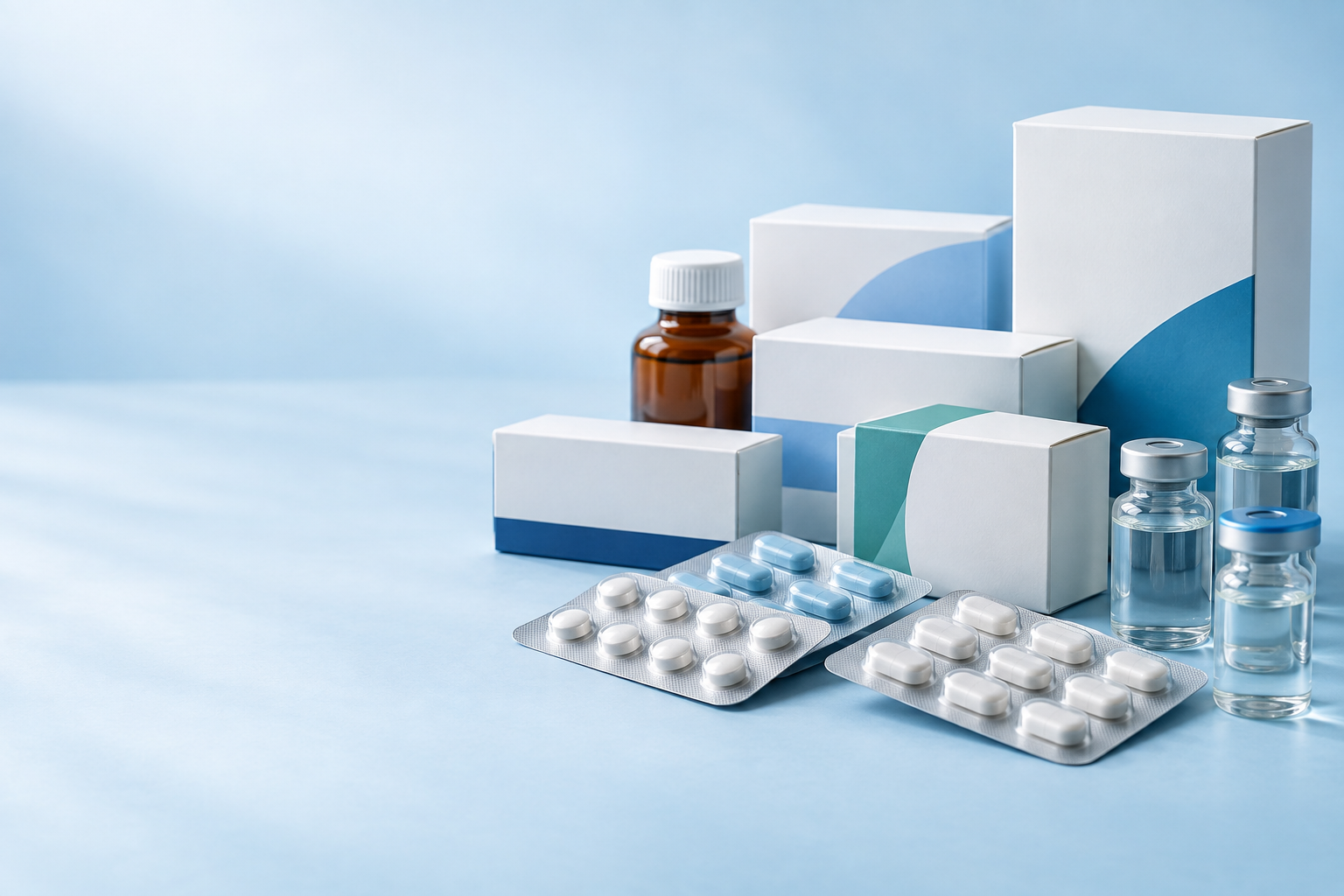 Assorted generic medicine packs, blister tablets and vials